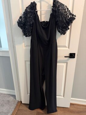 Xscape Black Jumpsuit with Floral Puff Sleeves
